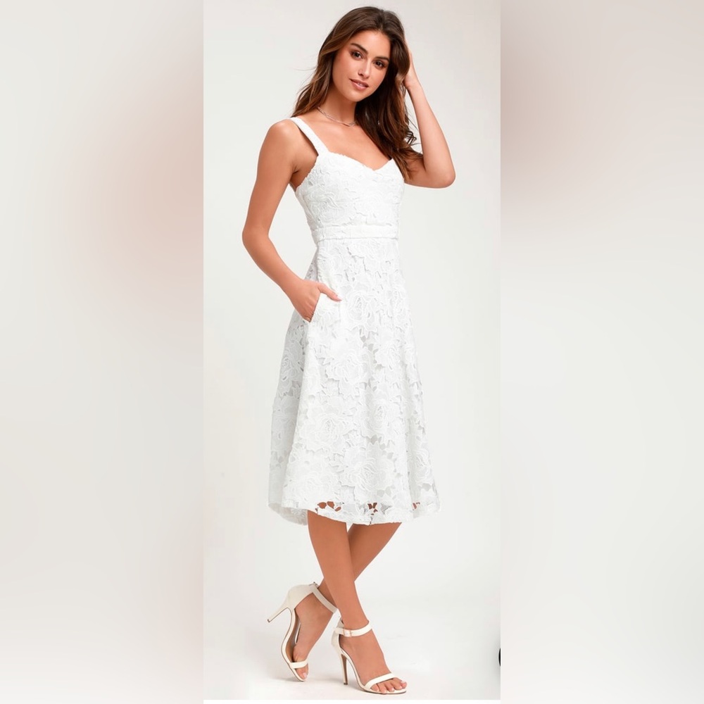 White Lace Midi Dress With Pockets